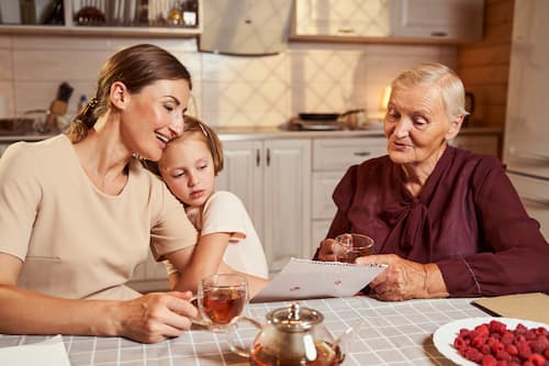 child with mother and grandmother at table
