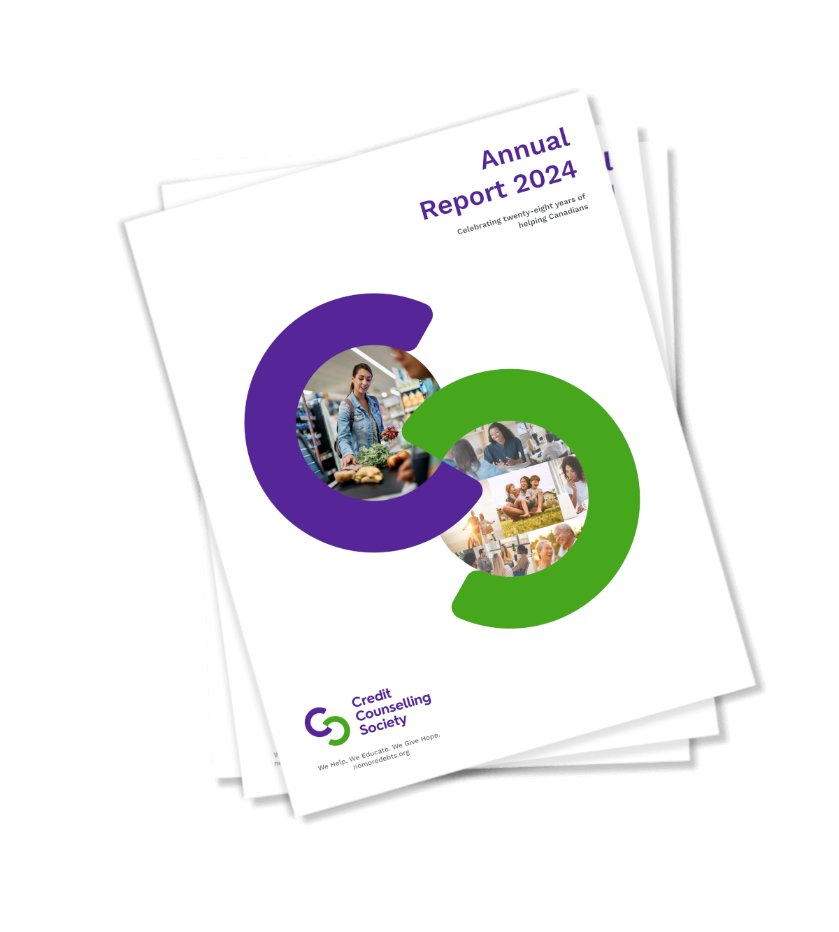 Open the 2024 Annual Report Stack of Annual Reports for the Credit Counselling Society with the 2024 report on top.