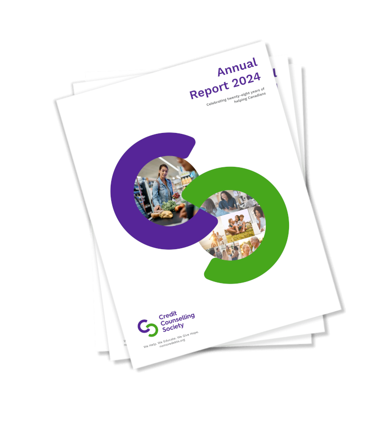 Open the 2024 Annual Report Stack of Annual Reports for the Credit Counselling Society with the 2024 report on top.